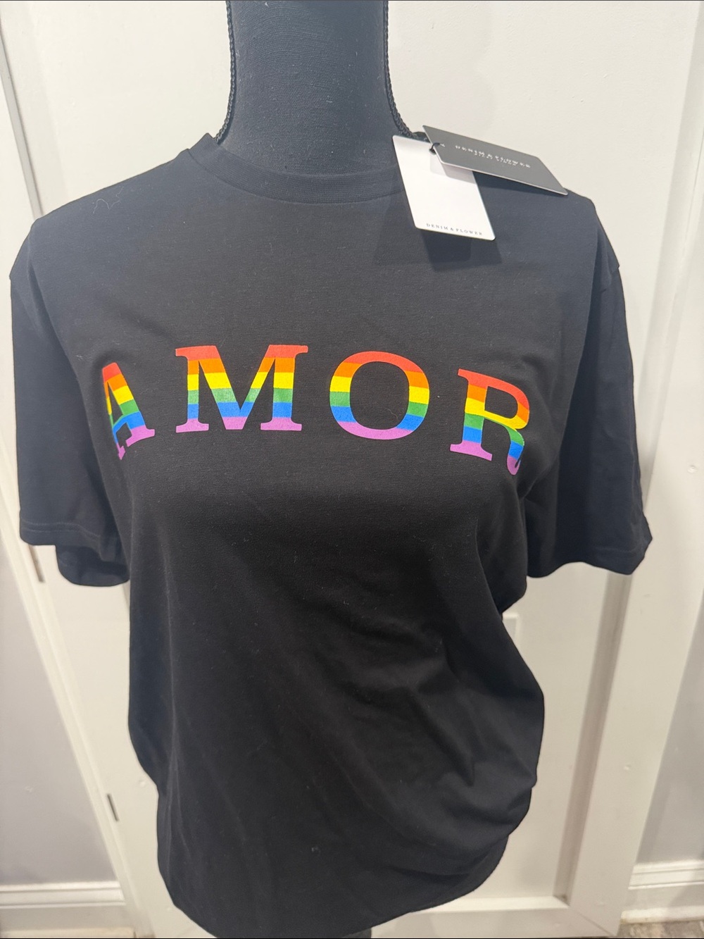 Denim & Flower Black Short-Sleeve Tee with Rainbow AMOR Print